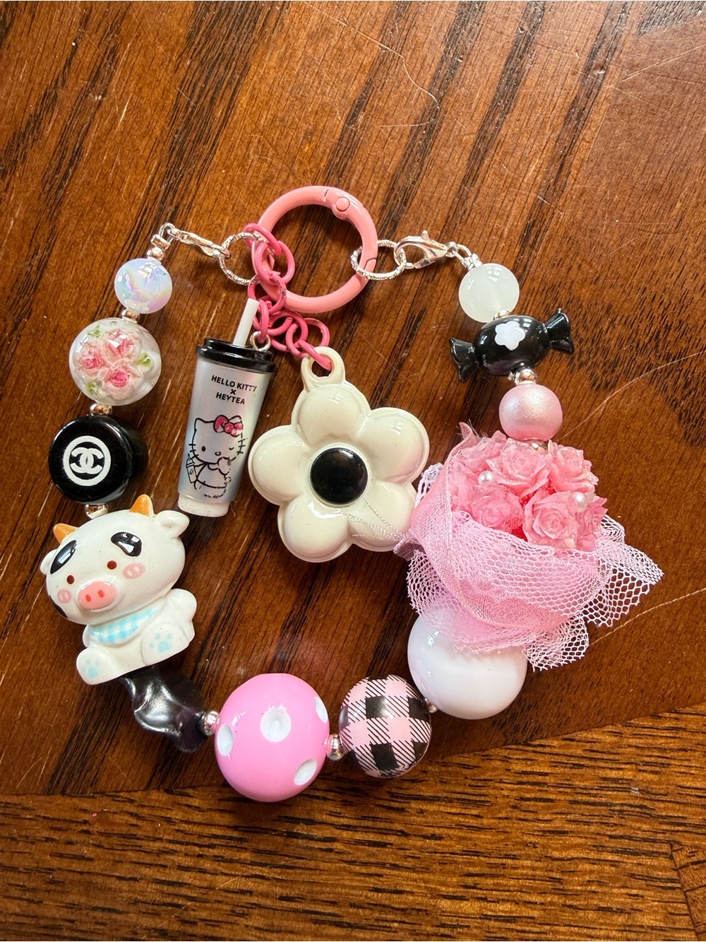 Hello Kitty Pink & Black Floral Charm Keychain